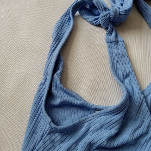 We The Free Blue Ribbed Sleeveless Cropped V-Neck Wrap Style Tie Top Women's XS - Picture 12 of 12